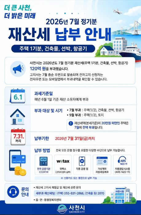 사천시 2026년 정기분 재산세 납부 안내