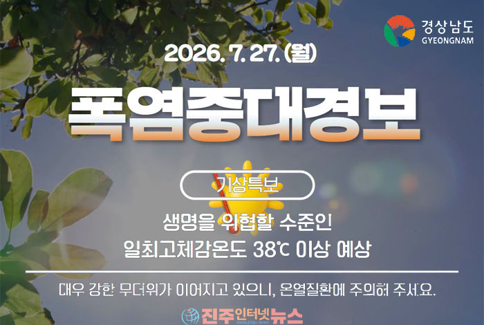 경남 폭염 중대경보 발령… 진주·창원·김해 등 10개 시군 최고 단계, 야외활동 즉시 중단 권고