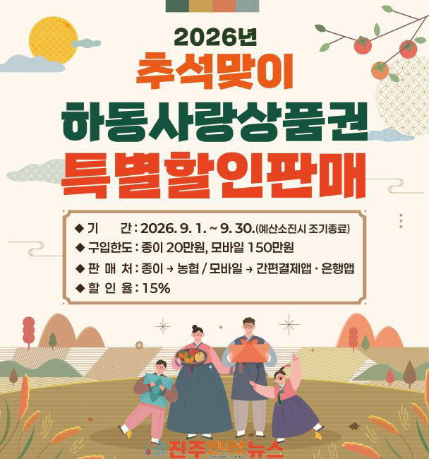 하동군 추석맞이 하동사랑상품권 15% 특별 할인 판매